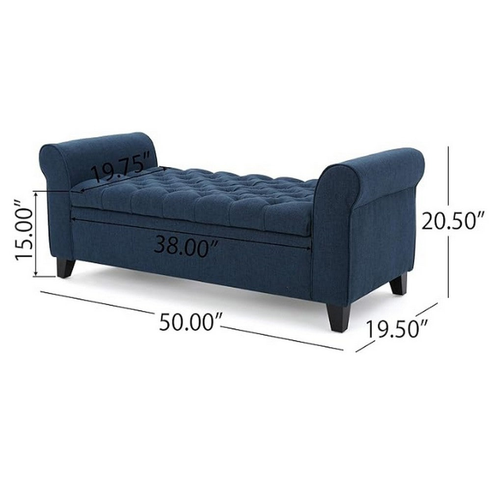 Shawn Storage Bench with Rolled Arms, 50 Inch Button Tufted, Dark Blue - BM324422