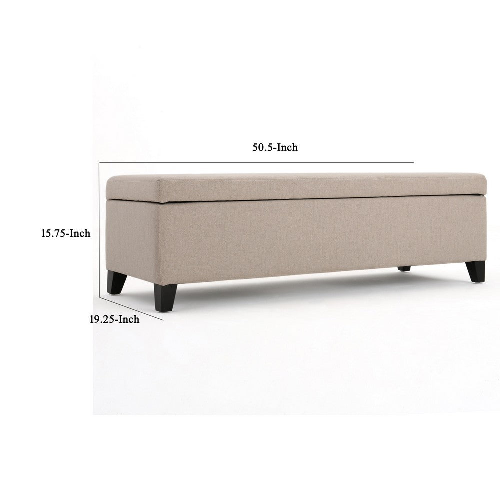 Storage Bench Ottoman, Ivory, 51 Inch Cushioned Seat, Birch Wood Legs - BM324431
