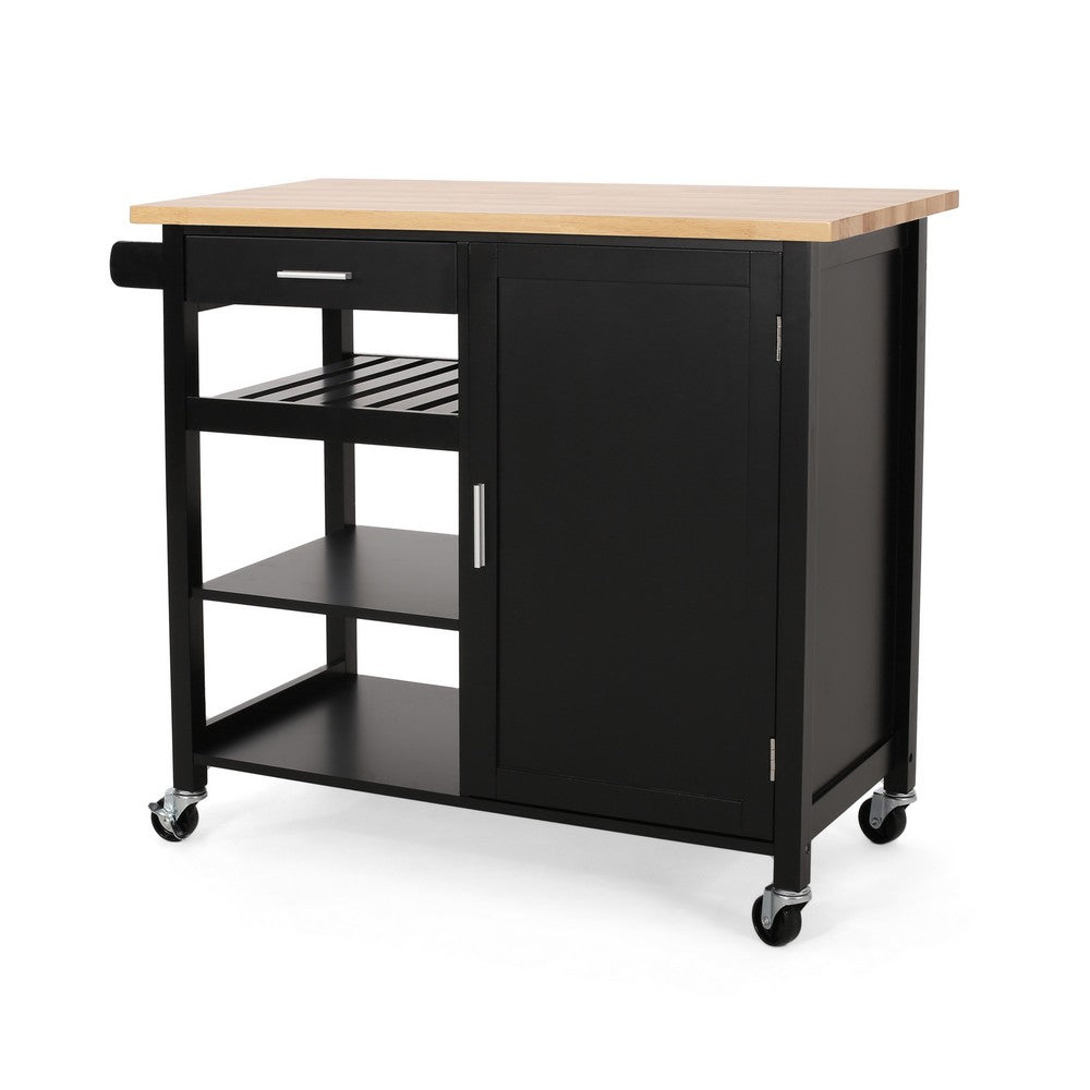 Rolling Kitchen Bar Cart, 3 Shelves, Cabinet, 42 Inch Black and Brown - BM324436