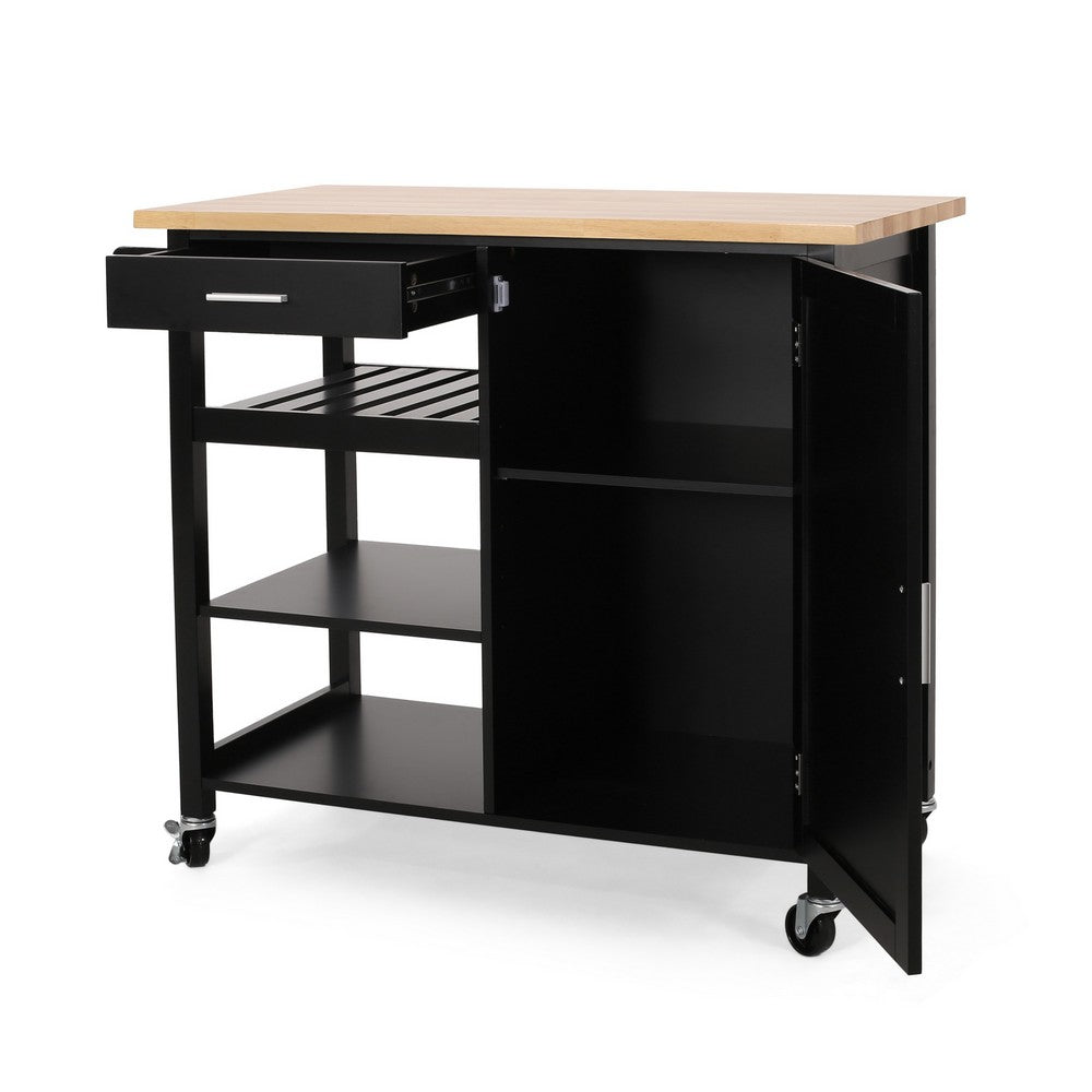 Rolling Kitchen Bar Cart, 3 Shelves, Cabinet, 42 Inch Black and Brown - BM324436
