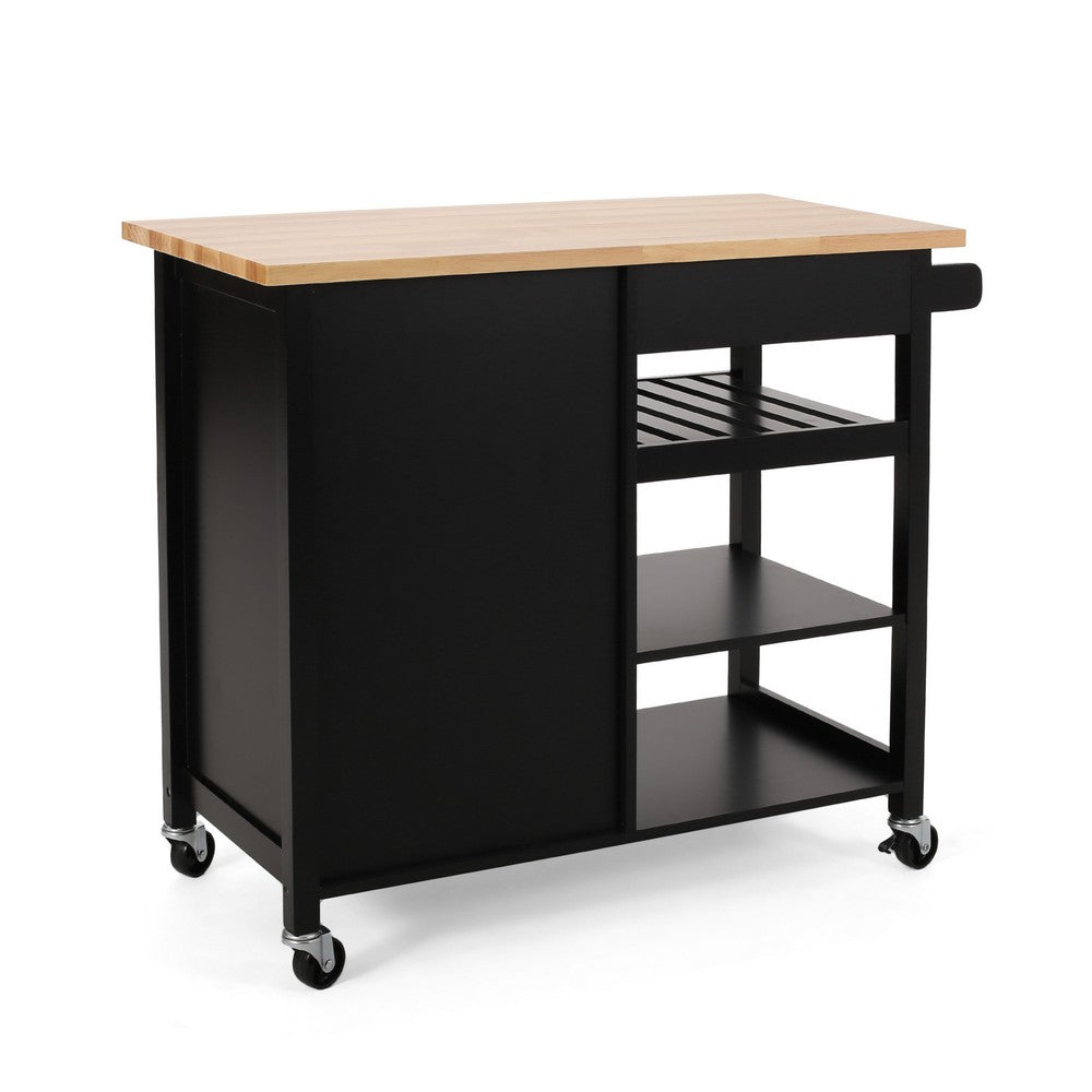 Rolling Kitchen Bar Cart, 3 Shelves, Cabinet, 42 Inch Black and Brown - BM324436