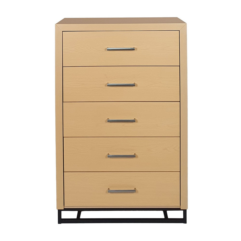 Tall Dresser Chest with 5 Drawers, Black Iron Base, Natural Brown Wood - BM324444
