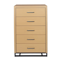 Tall Dresser Chest with 5 Drawers, Black Iron Base, Natural Brown Wood - BM324444