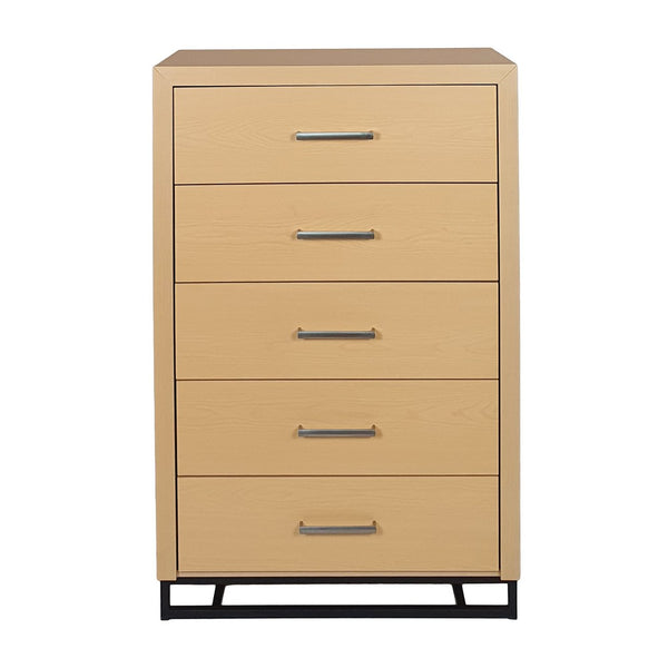Tall Dresser Chest with 5 Drawers, Black Iron Base, Natural Brown Wood - BM324444