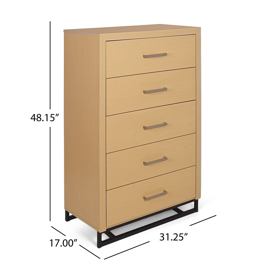 Tall Dresser Chest with 5 Drawers, Black Iron Base, Natural Brown Wood - BM324444