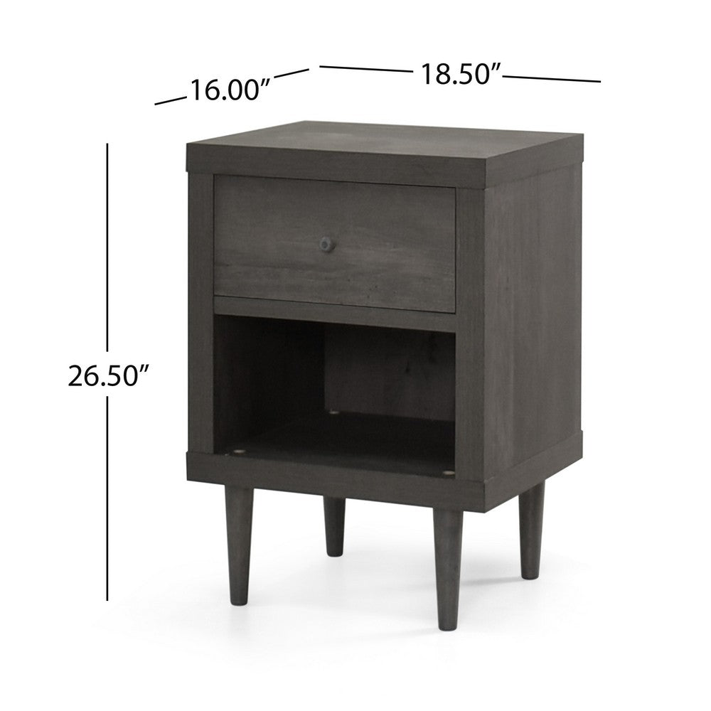 Minie Nightstand with 1 Drawer, Shelf, Rubberwood Legs, Modern Gray - BM324447