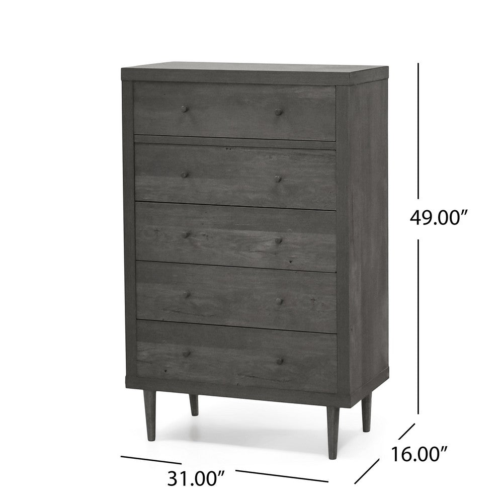 Minie Tall Dresser Chest, 5 Drawers, Rubberwood Legs, Modern Gray - BM324448