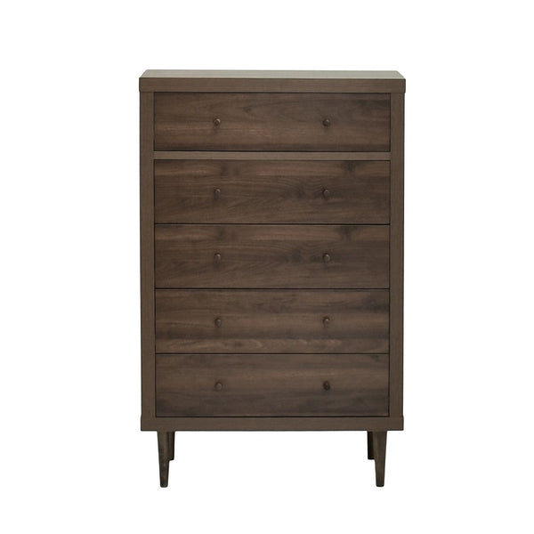 Minie Tall Dresser Chest, 5 Drawers, Rubberwood, Modern Walnut Brown - BM324449