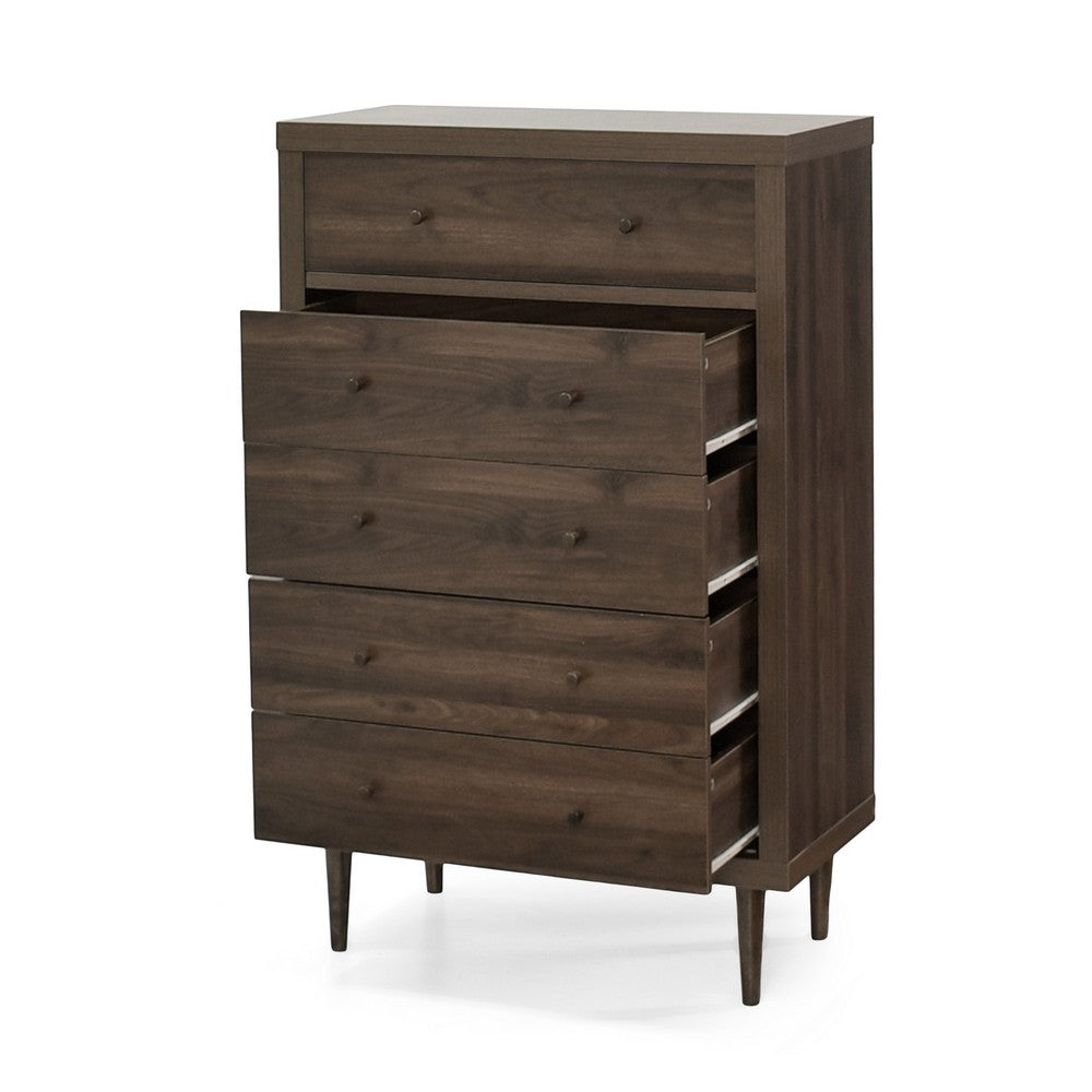 Minie Tall Dresser Chest, 5 Drawers, Rubberwood, Modern Walnut Brown - BM324449