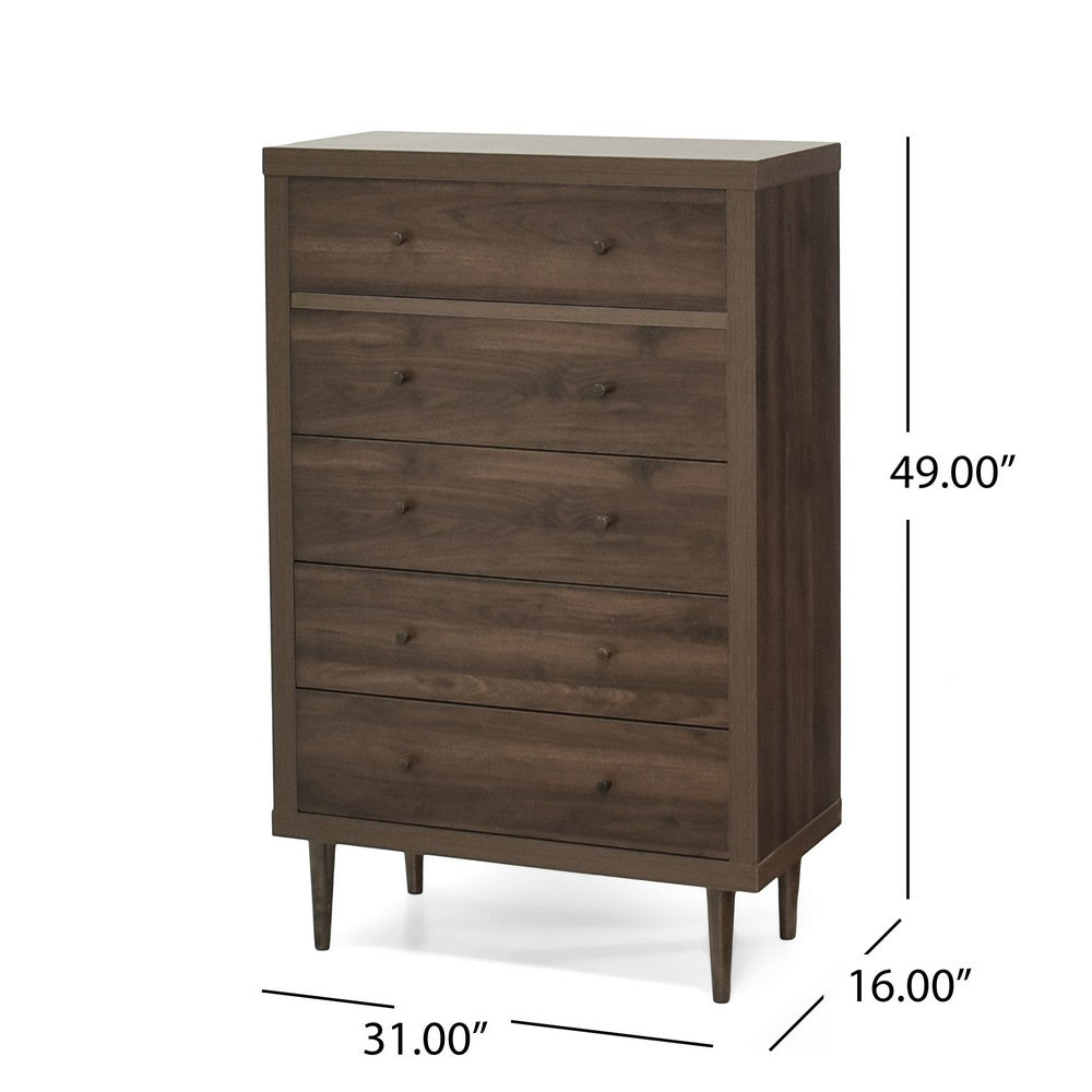 Minie Tall Dresser Chest, 5 Drawers, Rubberwood, Modern Walnut Brown - BM324449