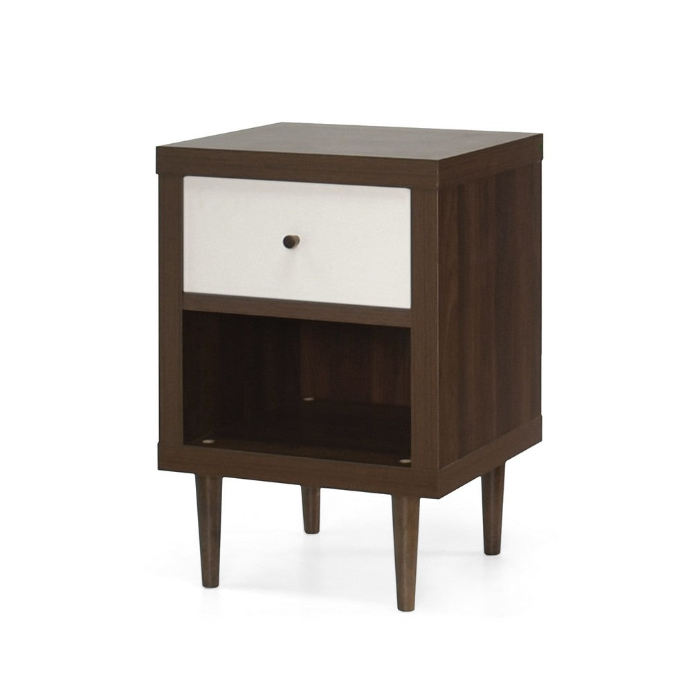 Minie Nightstand with 1 Drawer, Shelf, Modern White and Walnut Brown - BM324451