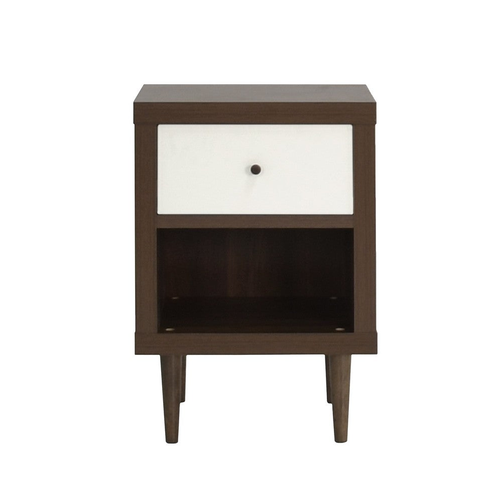 Minie Nightstand with 1 Drawer, Shelf, Modern White and Walnut Brown - BM324451