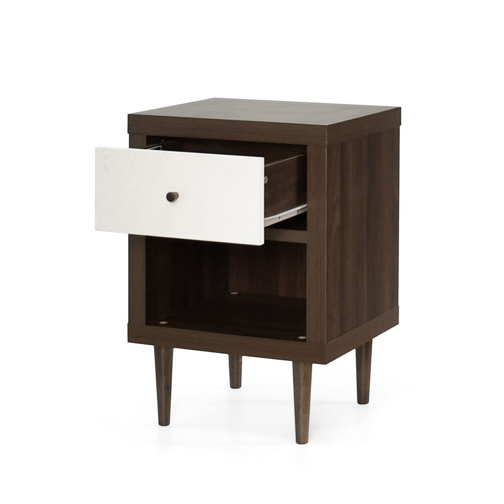 Minie Nightstand with 1 Drawer, Shelf, Modern White and Walnut Brown - BM324451