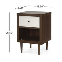 Minie Nightstand with 1 Drawer, Shelf, Modern White and Walnut Brown - BM324451