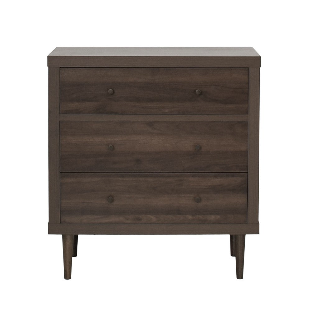Minie Nightstand with 3 Drawers, Rubberwood Legs, Walnut Brown Wood - BM324452