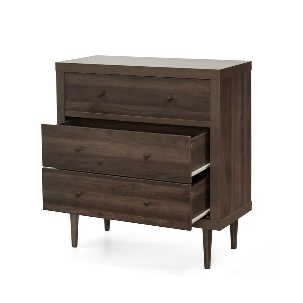 Minie Nightstand with 3 Drawers, Rubberwood Legs, Walnut Brown Wood - BM324452