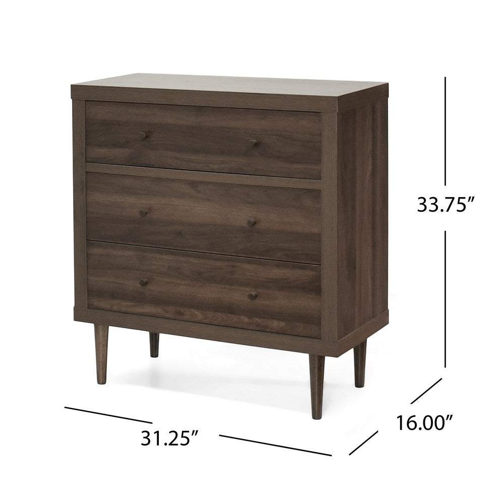 Minie Nightstand with 3 Drawers, Rubberwood Legs, Walnut Brown Wood - BM324452