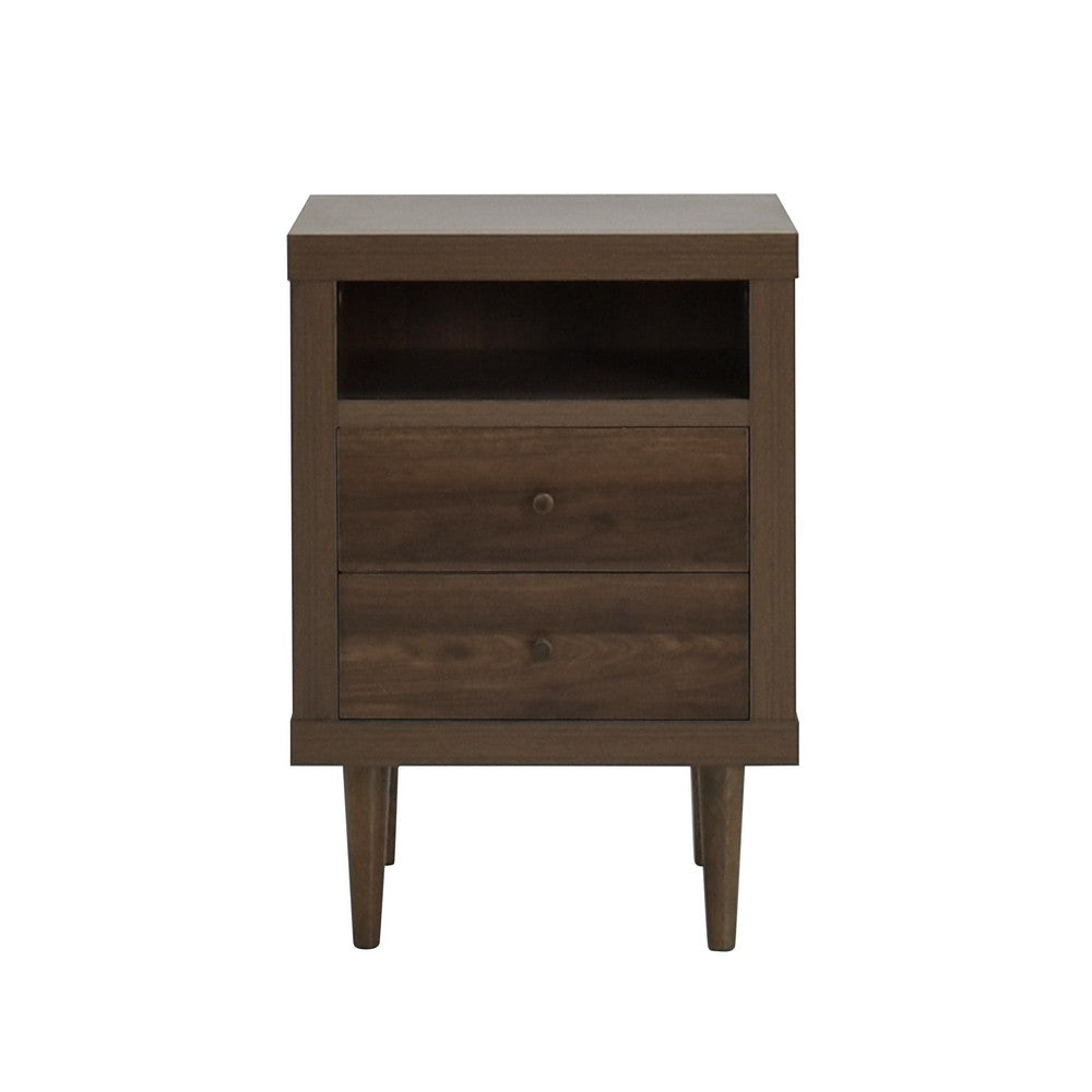 Minie Nightstand with 2 Drawers, Shelf, Rubberwood Legs, Walnut Brown - BM324453