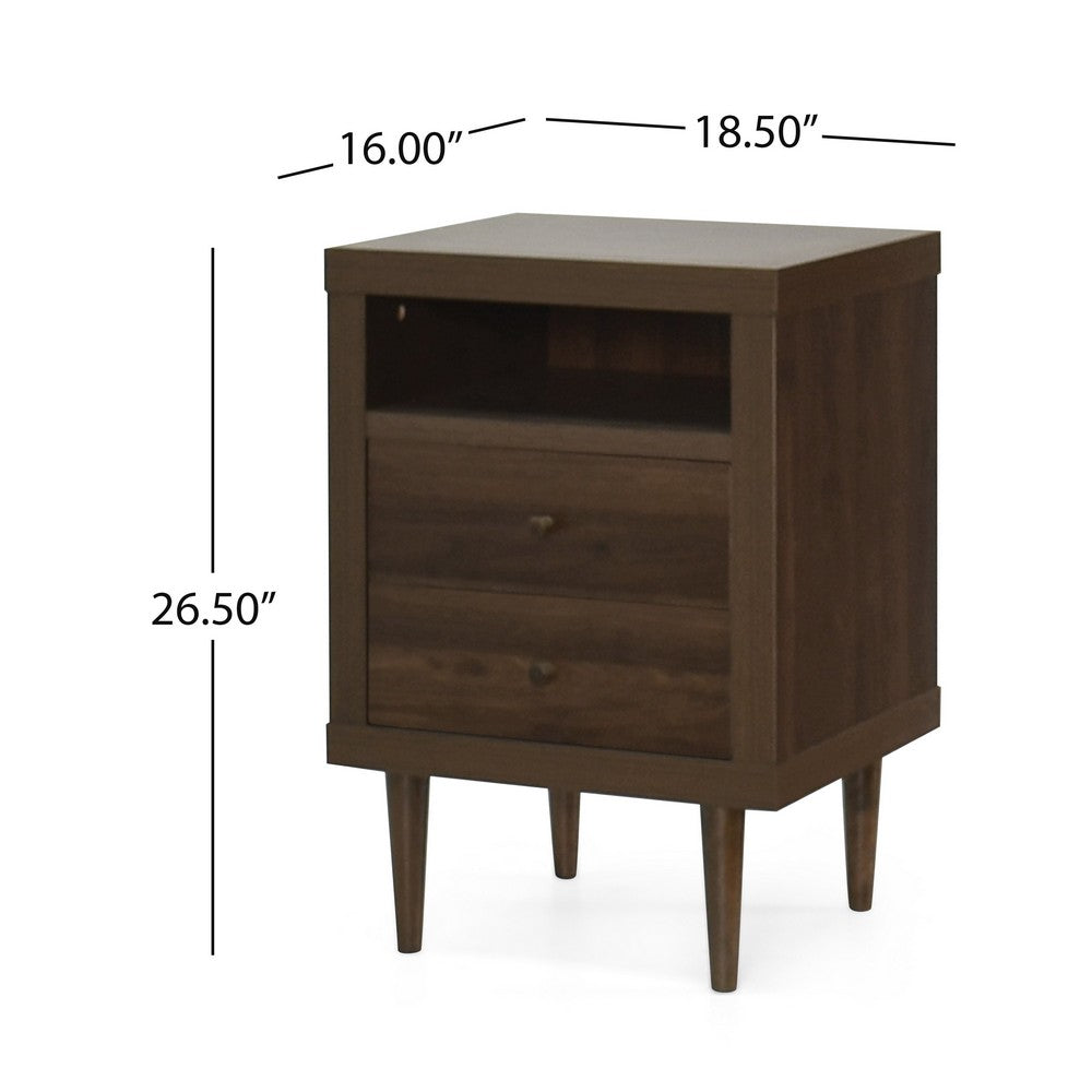 Minie Nightstand with 2 Drawers, Shelf, Rubberwood Legs, Walnut Brown - BM324453