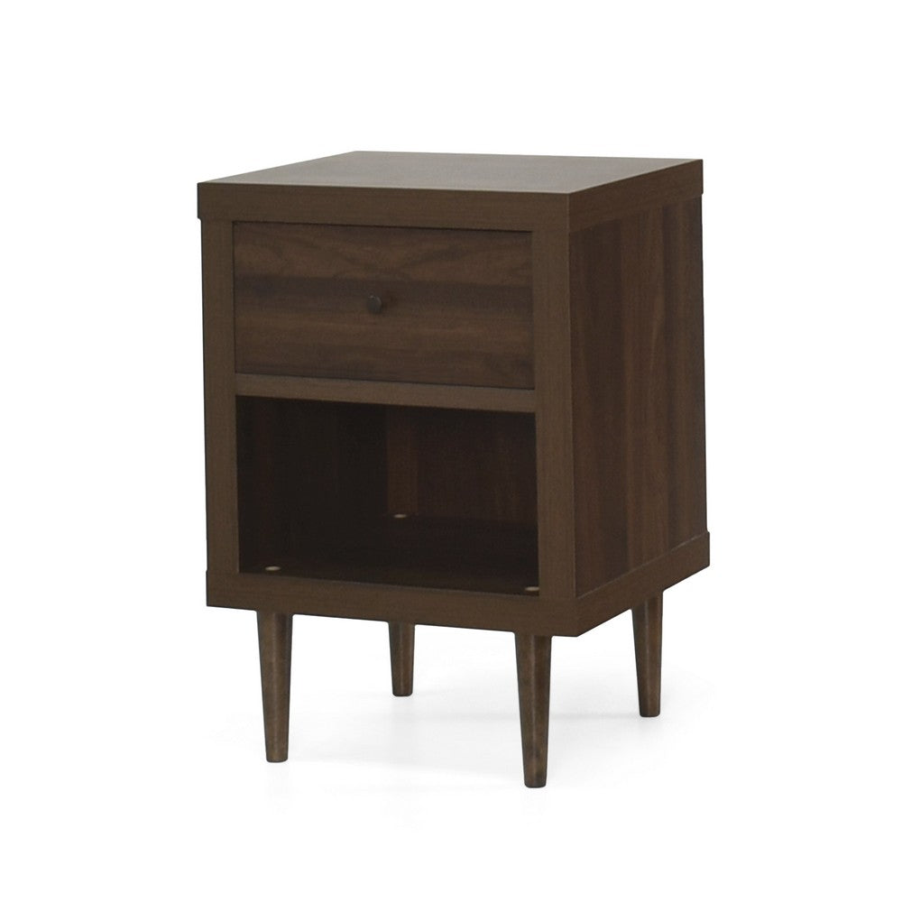 Minie Nightstand with 1 Drawer, Shelf, Rubberwood Legs, Walnut Brown - BM324456