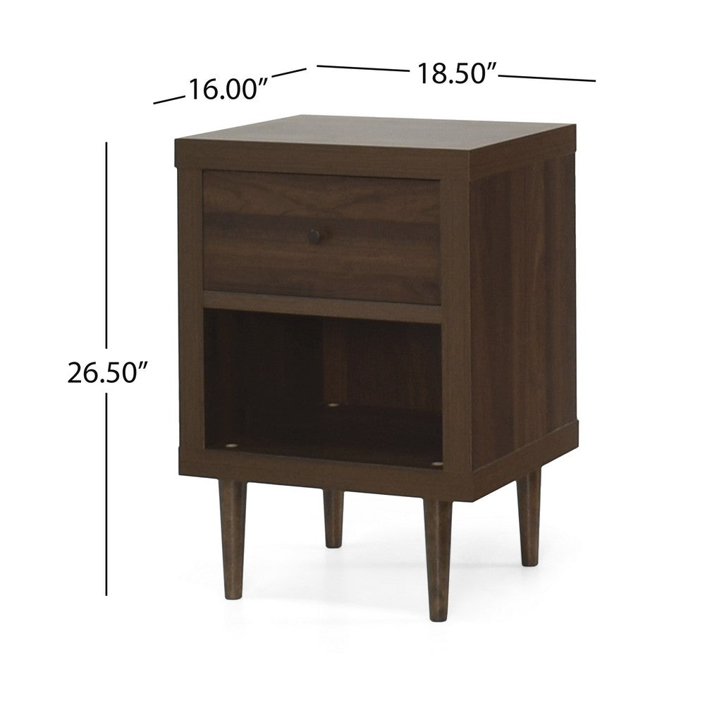 Minie Nightstand with 1 Drawer, Shelf, Rubberwood Legs, Walnut Brown - BM324456