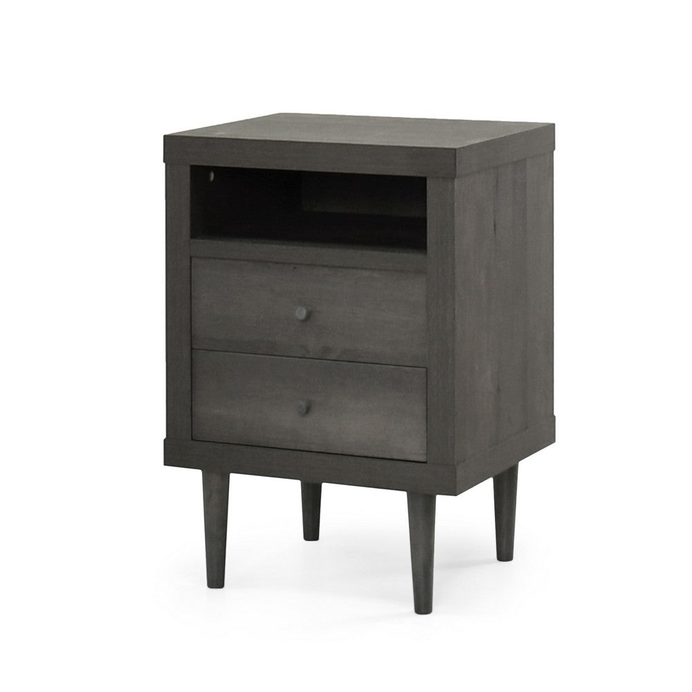 Minie Nightstand with 2 Drawers, Shelf, Rubberwood Legs, Dark Gray - BM324457