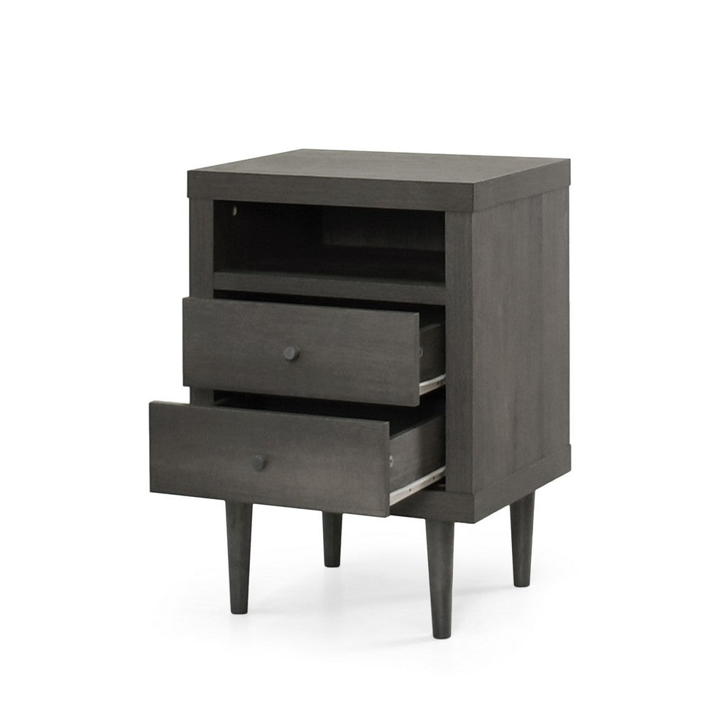 Minie Nightstand with 2 Drawers, Shelf, Rubberwood Legs, Dark Gray - BM324457