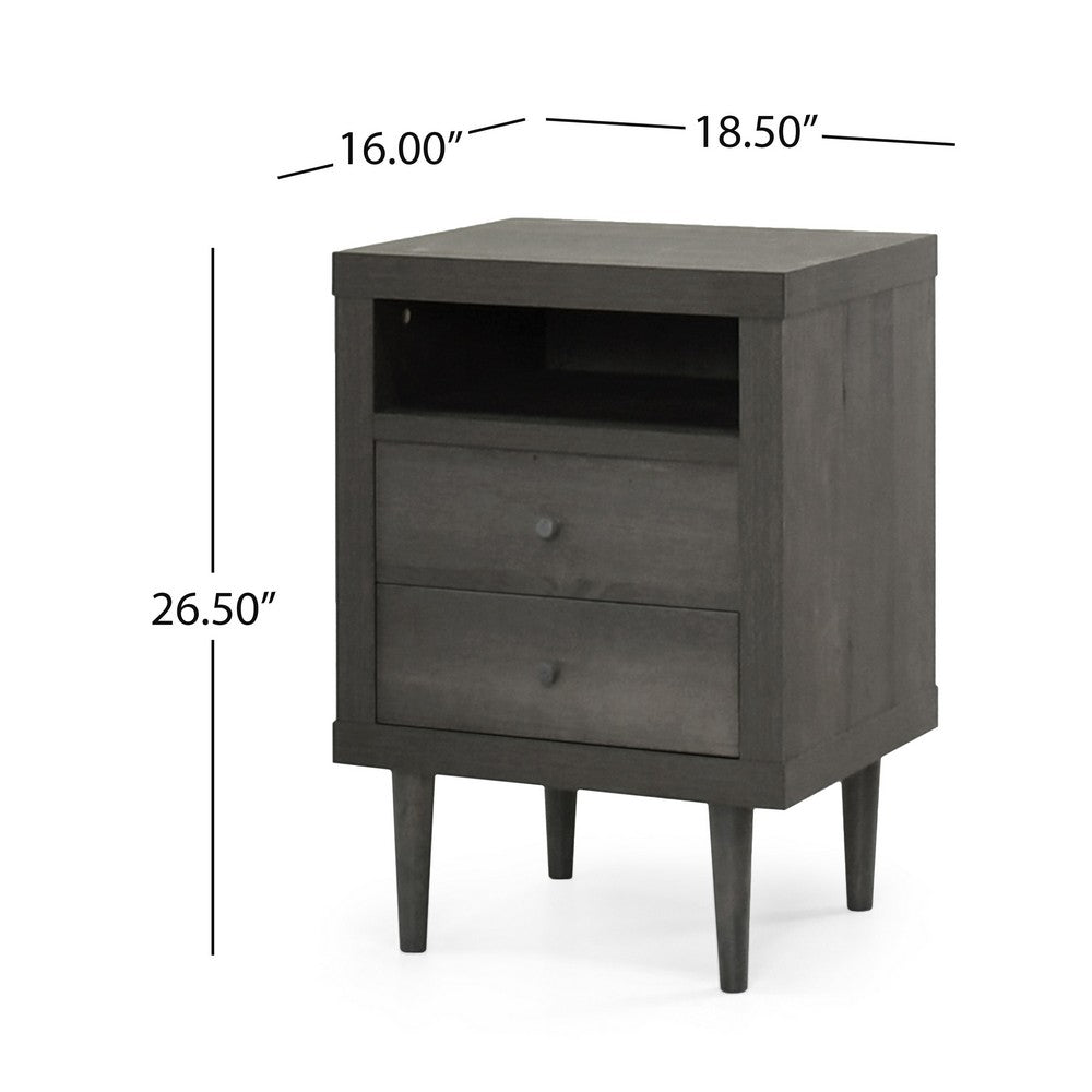 Minie Nightstand with 2 Drawers, Shelf, Rubberwood Legs, Dark Gray - BM324457