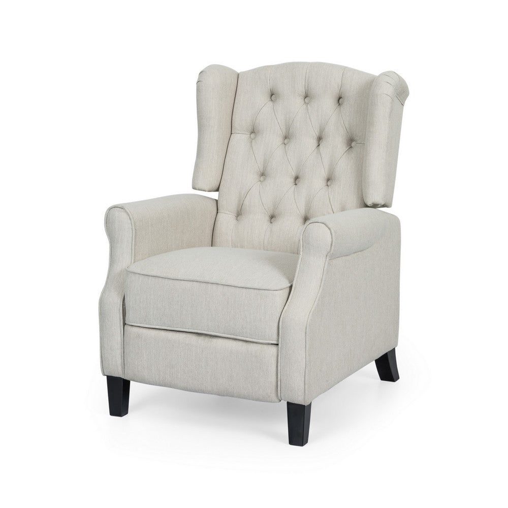 Push Back Recliner, Dark Brown Birch Wood, Beige Button Tufted Fabric - BM324469
