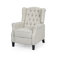 Push Back Recliner, Dark Brown Birch Wood, Beige Button Tufted Fabric - BM324469