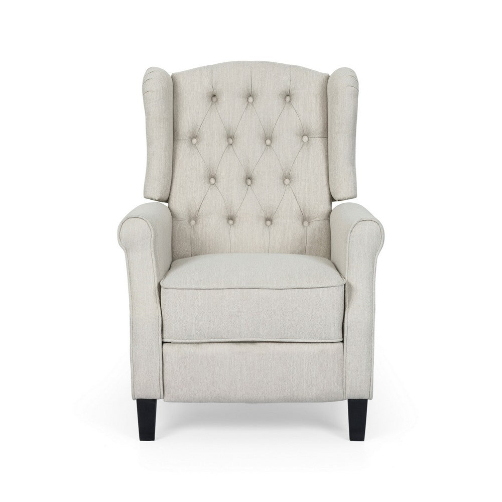 Push Back Recliner, Dark Brown Birch Wood, Beige Button Tufted Fabric - BM324469