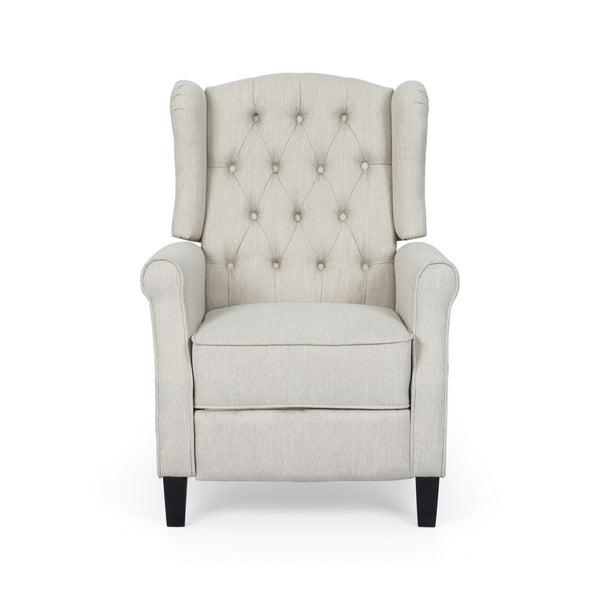 Push Back Recliner, Dark Brown Birch Wood, Beige Button Tufted Fabric - BM324469