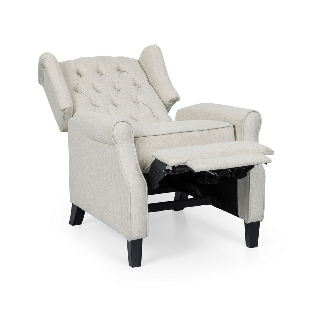Push Back Recliner, Dark Brown Birch Wood, Beige Button Tufted Fabric - BM324469