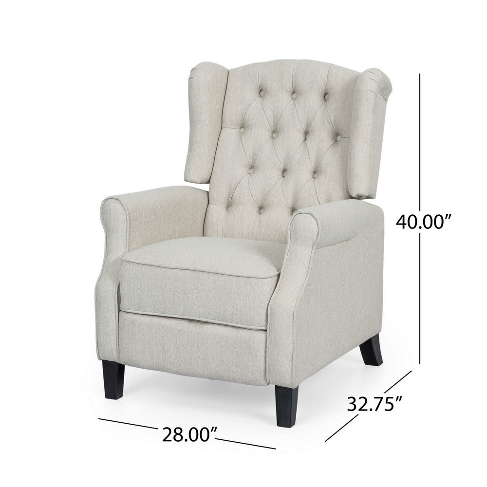 Push Back Recliner, Dark Brown Birch Wood, Beige Button Tufted Fabric - BM324469