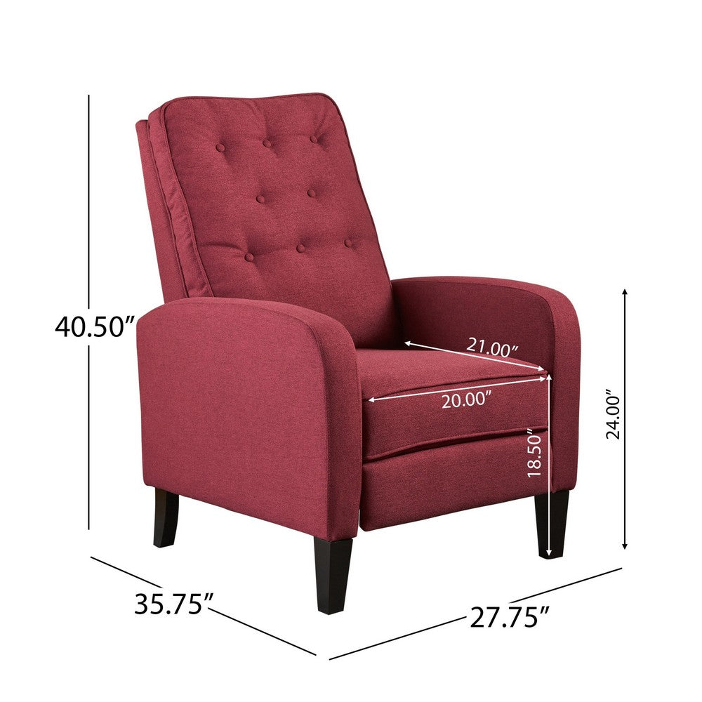 Push Back Recliner Chair, Birch Wood Legs, Red Button Tufted Polyester - BM324473