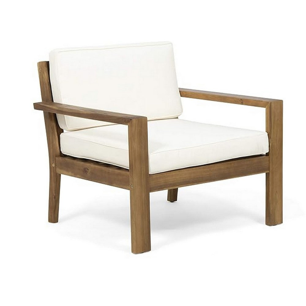 Outdoor Accent Chair, Slat Panel, Wire Brush Acacia Wood, Ivory Fabric - BM324474