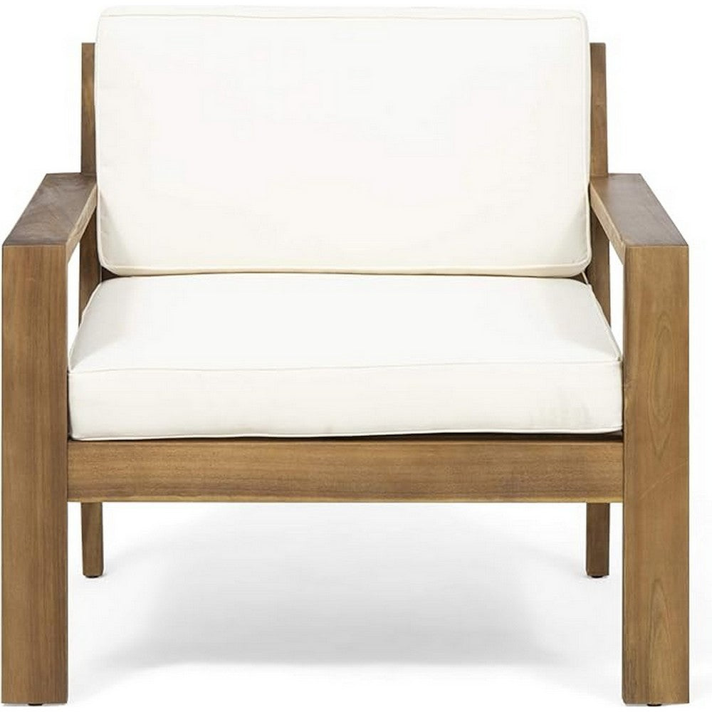 Outdoor Accent Chair, Slat Panel, Wire Brush Acacia Wood, Ivory Fabric - BM324474