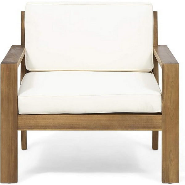 Outdoor Accent Chair, Slat Panel, Wire Brush Acacia Wood, Ivory Fabric - BM324474