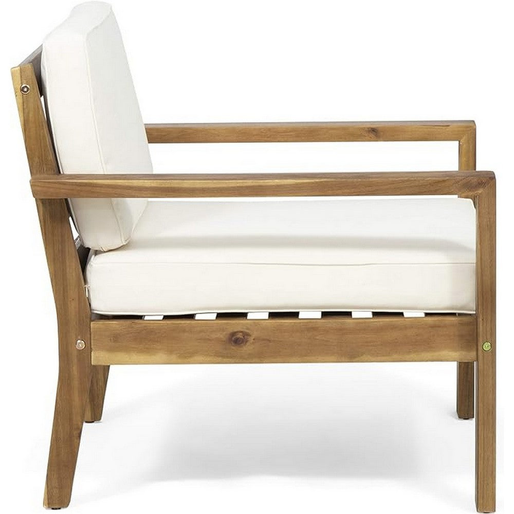 Outdoor Accent Chair, Slat Panel, Wire Brush Acacia Wood, Ivory Fabric - BM324474
