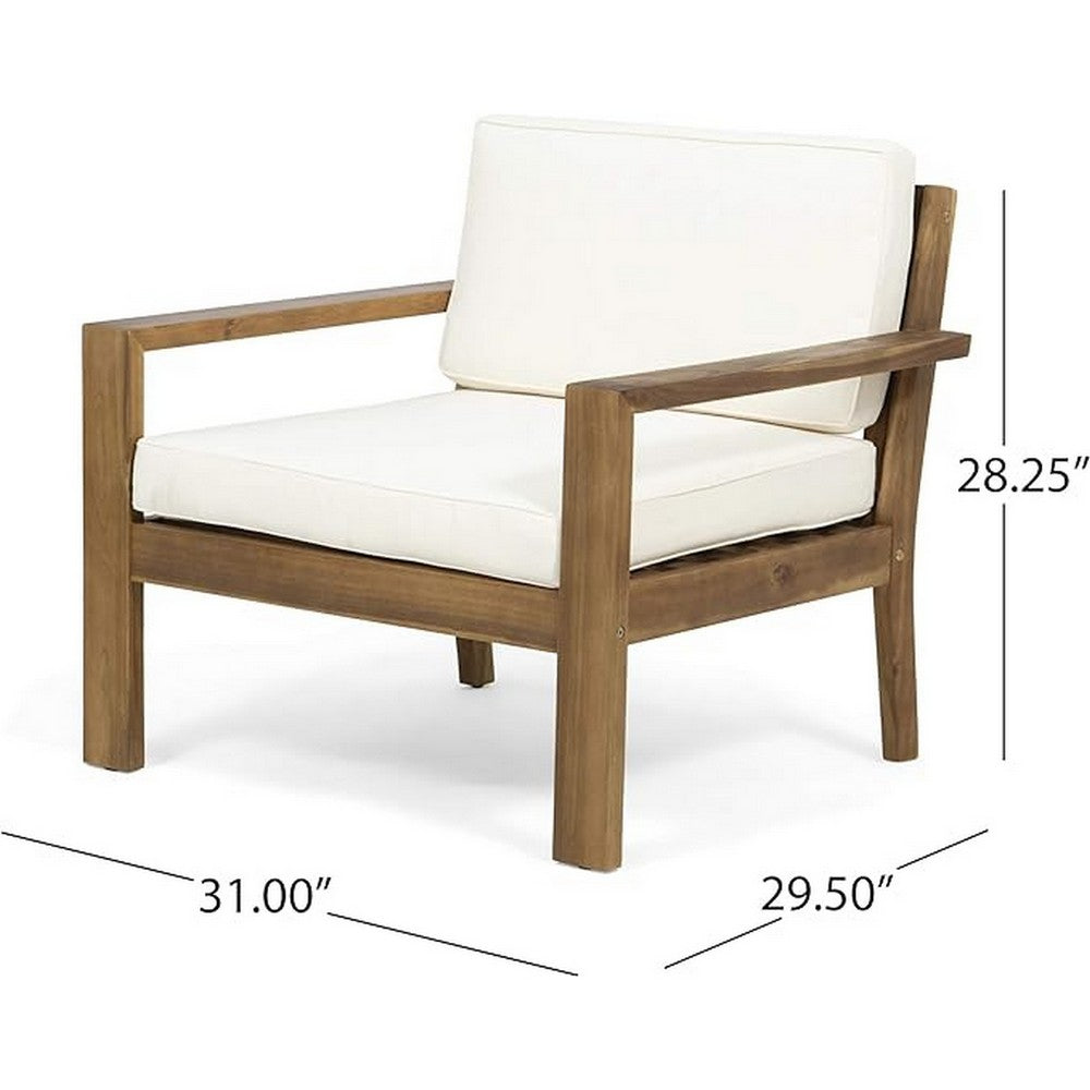 Outdoor Accent Chair, Slat Panel, Wire Brush Acacia Wood, Ivory Fabric - BM324474