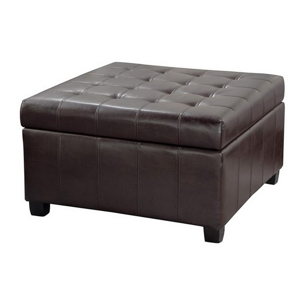 Cindy Storage Ottoman, 31 Inch Birch Wood, Brown Waffle Faux Leather - BM324476