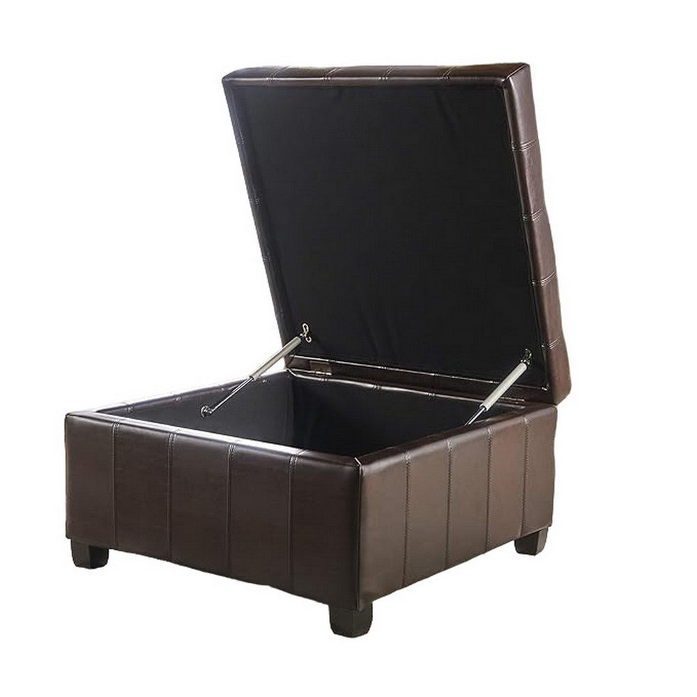 Cindy Storage Ottoman, 31 Inch Birch Wood, Brown Waffle Faux Leather - BM324476