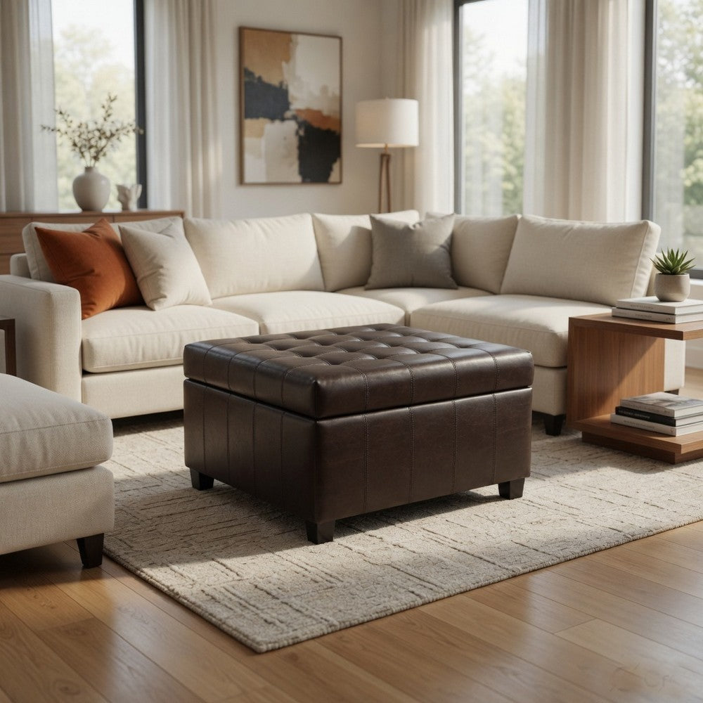 Cindy Storage Ottoman, 31 Inch Birch Wood, Brown Waffle Faux Leather - BM324476