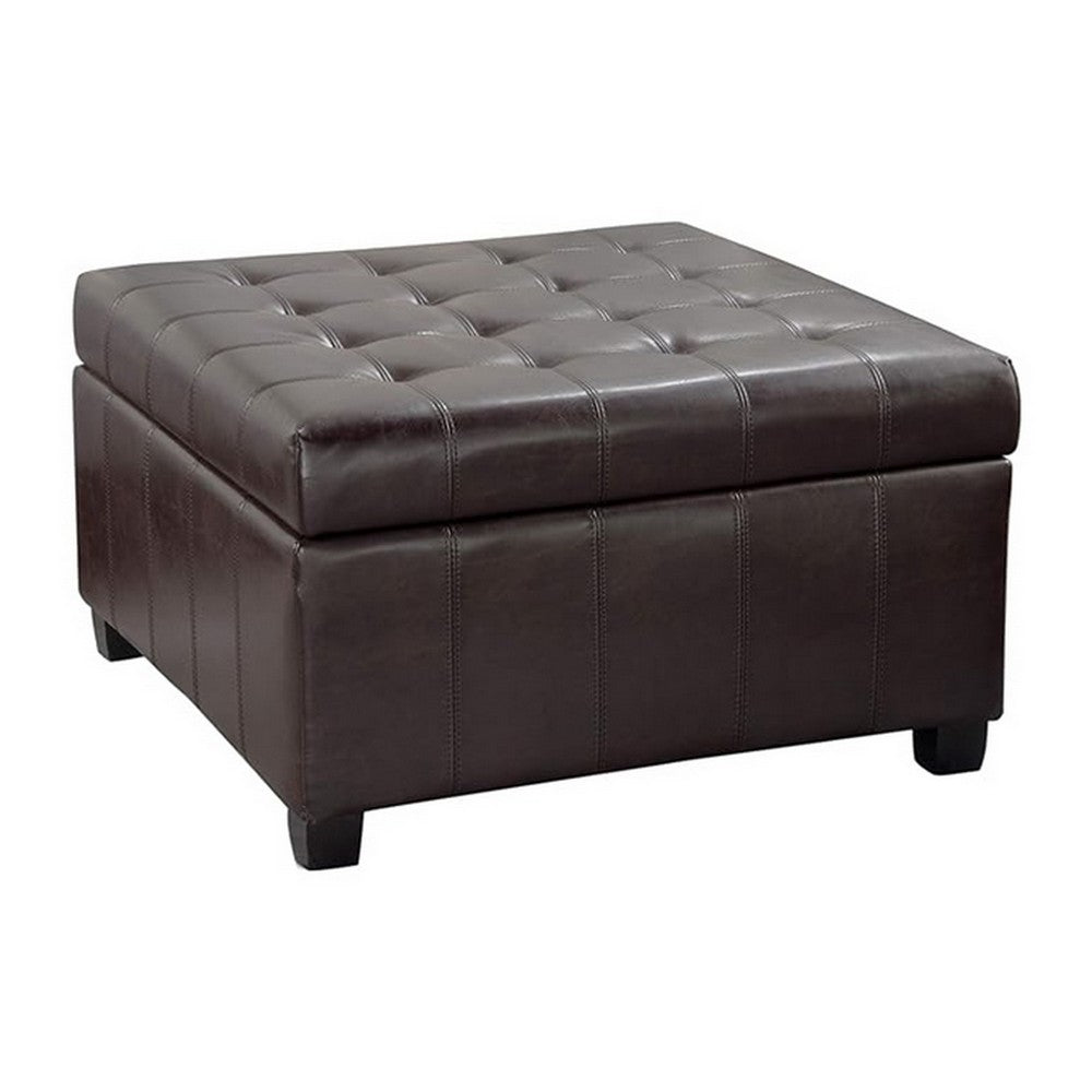 Cindy Storage Ottoman, 31 Inch Birch Wood, Brown Waffle Faux Leather - BM324476