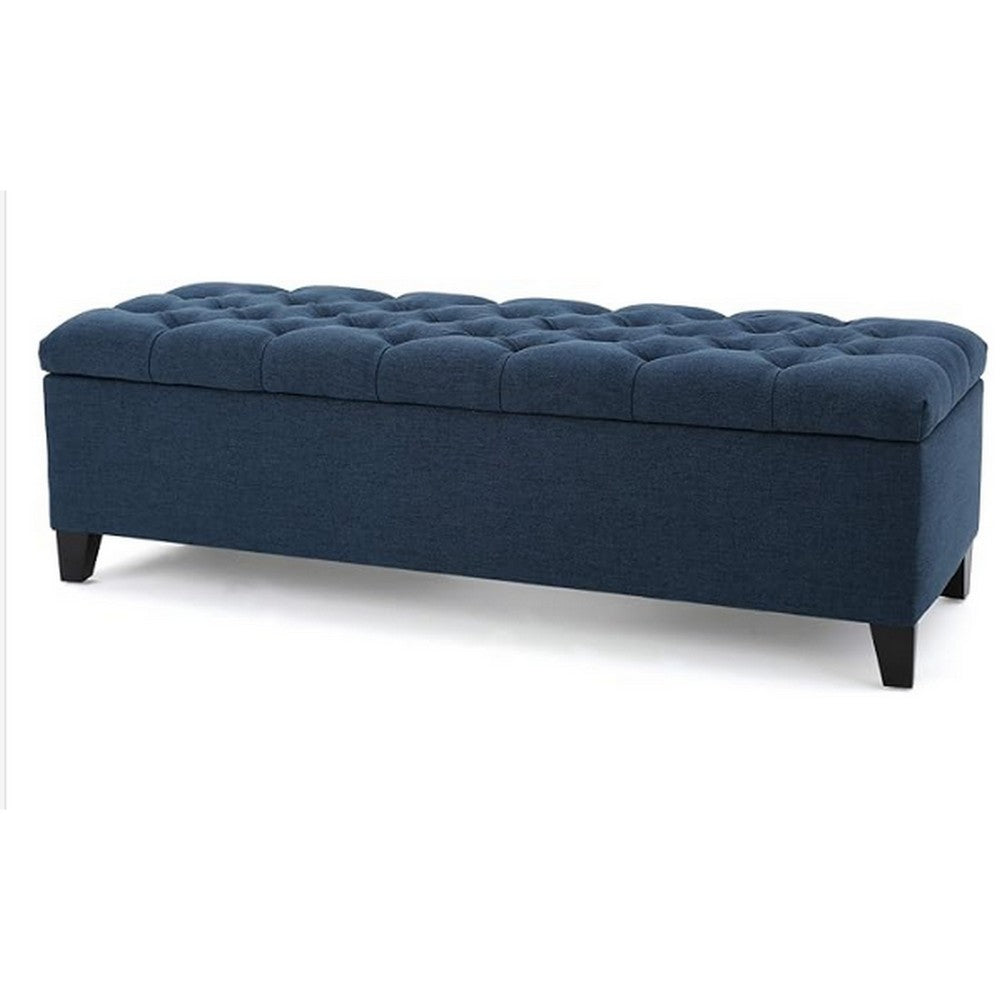 Elias Storage Bench, 51 Inch Button Tufted Blue Velvet, Solid Wood - BM324477