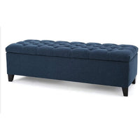 Elias Storage Bench, 51 Inch Button Tufted Blue Velvet, Solid Wood - BM324477