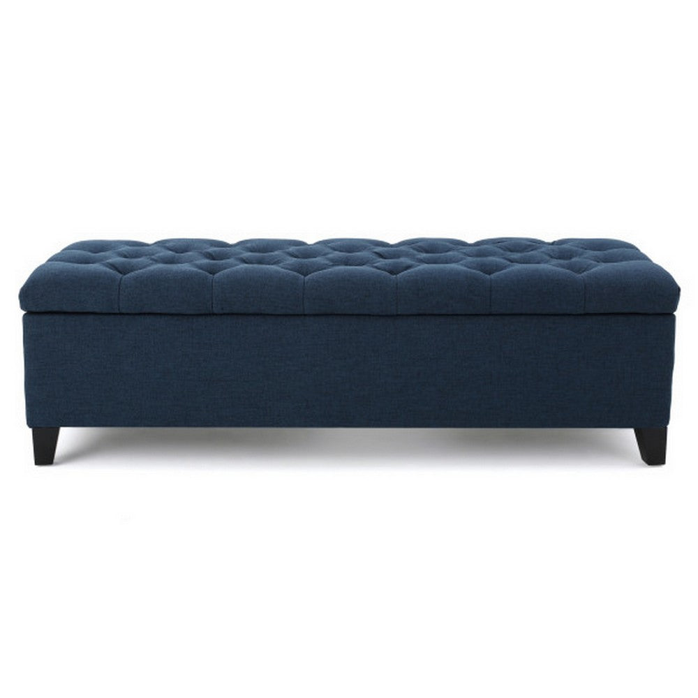 Elias Storage Bench, 51 Inch Button Tufted Blue Velvet, Solid Wood - BM324477