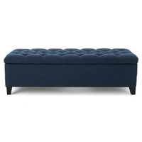 Elias Storage Bench, 51 Inch Button Tufted Blue Velvet, Solid Wood - BM324477