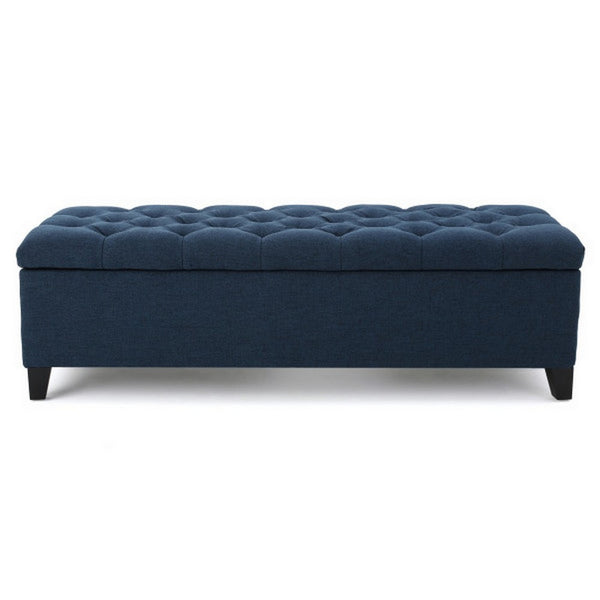 Elias Storage Bench, 51 Inch Button Tufted Blue Velvet, Solid Wood - BM324477