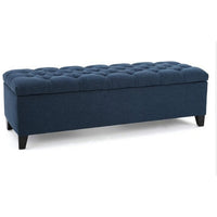 Elias Storage Bench, 51 Inch Button Tufted Blue Velvet, Solid Wood - BM324477